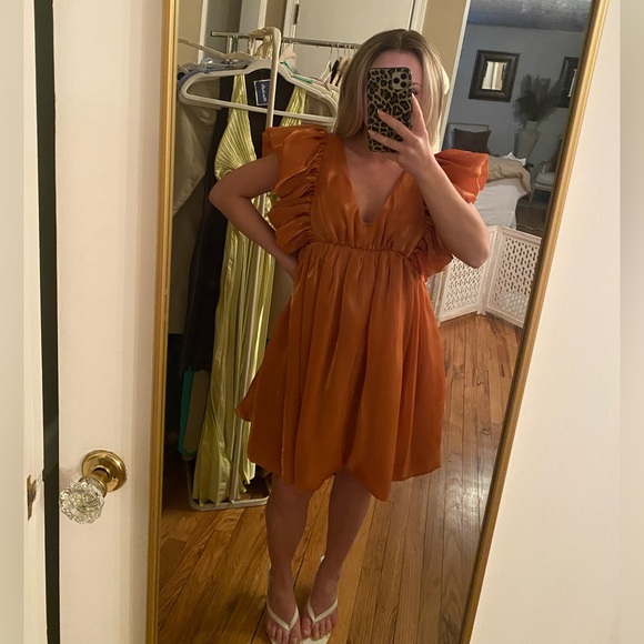 Orange Ruffled V-Neck Dress - Picture 2 of 3